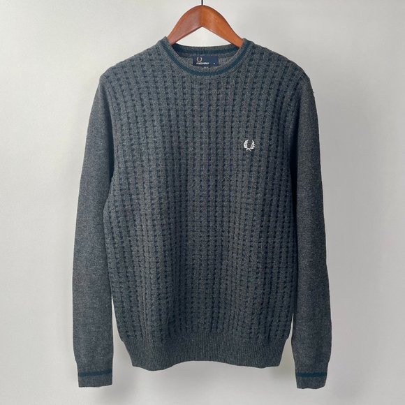 Fred Perry Other - Fred Perry Wool Crew Neck Waffle Weave Sweater, Grey/Forest Green, Size M